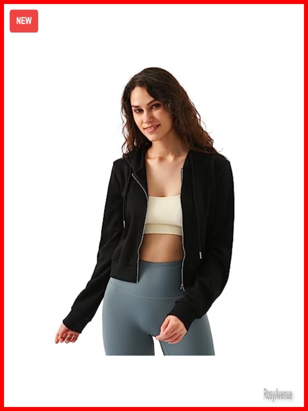 Women's Cropped Zip Up Hoodie 100% Cotton Drawstring Long Sleeve Crop Top